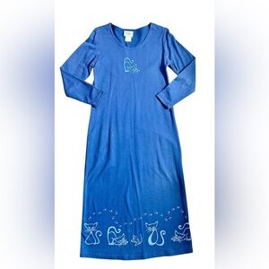Vintage Studio Ease Petite Navy Blue Cat Print Long Sleeve Nightgown Size Small
